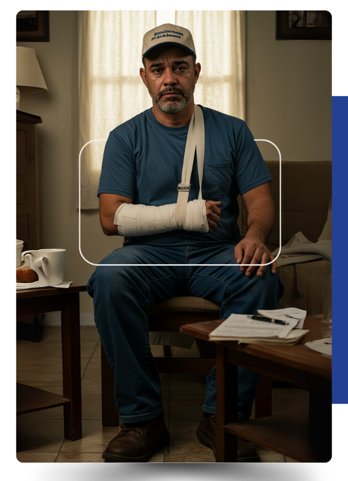 Trabalhador em casa durante recuperação de acidente, com braço enfaixado e expressão de resignação, representando indenização por acidente de trabalho.