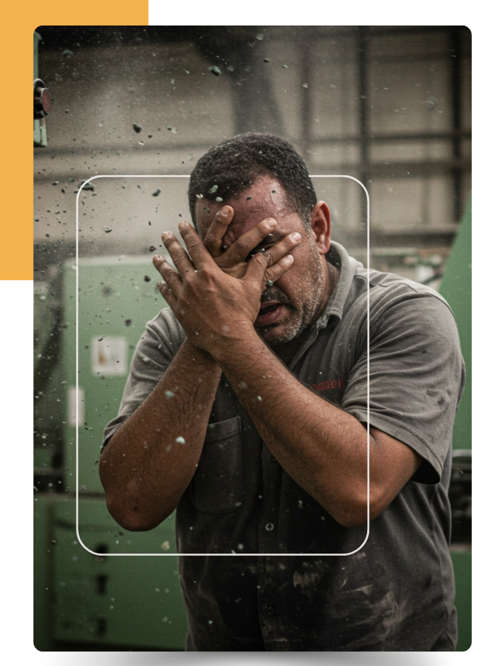 Trabalhador sofre acidente nos olhos por falta de equipamento de proteção no local de trabalho, durante operação em fábrica.