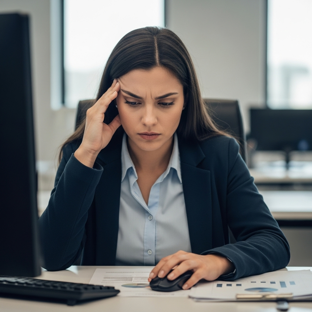 trabalhador com sinais de estresse e exaustão representando burnout relacionado ao trabalho