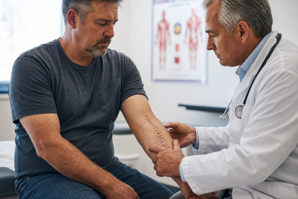 Médico examinando paciente após cirurgia por acidente de trabalho; direito ao auxílio-acidente.