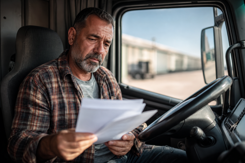 Motorista segurando papéis, à frente de um volante, simbolizando auxílio-acidente