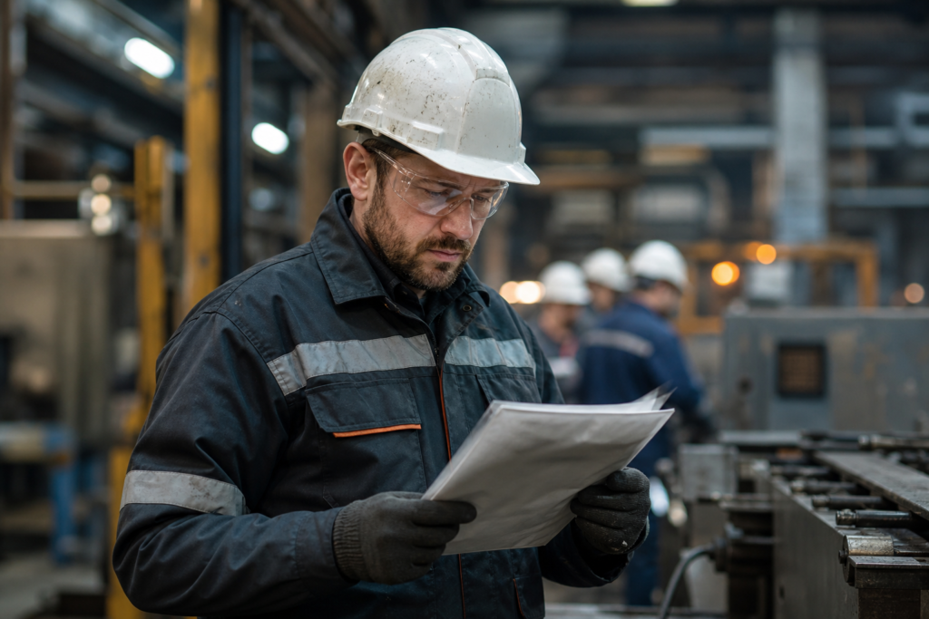 Trabalhador usando EPI em ambiente industrial com capacete e luvas de segurança