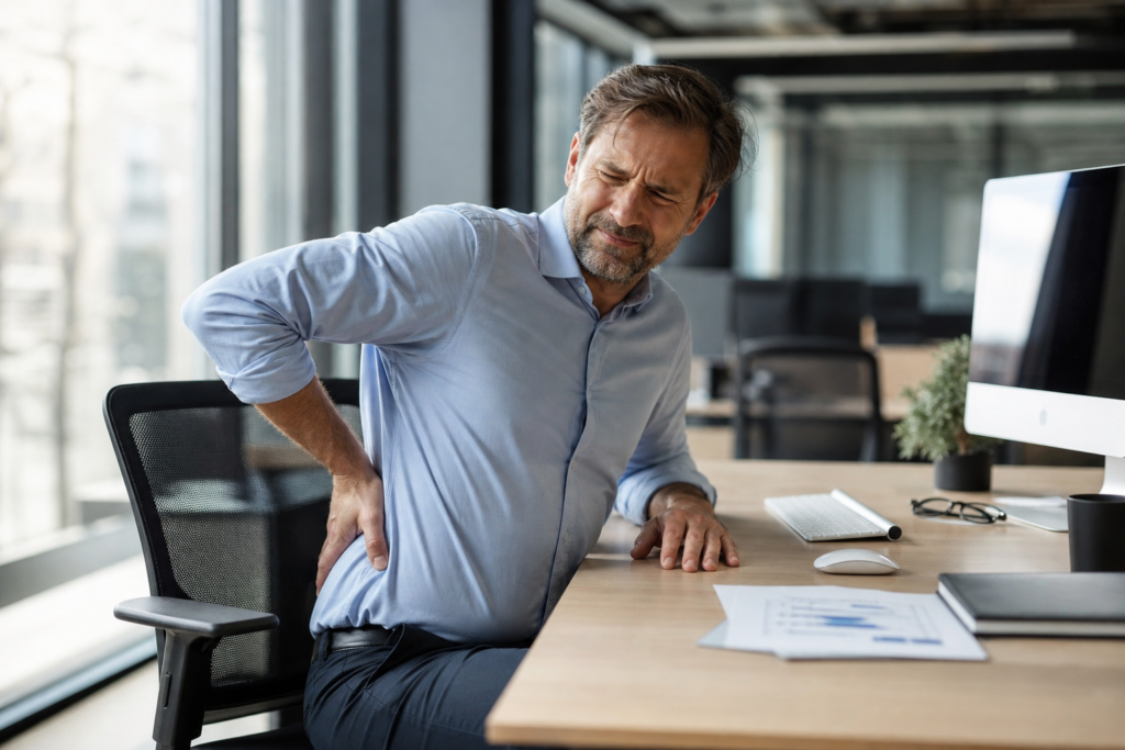 Funcionário sentado em cadeira ergonômica em um escritório para evitar hérnia de disco