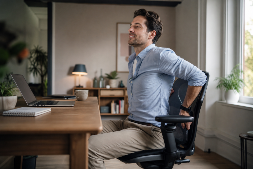 Trabalhador em home office ajustando cadeira ergonômica com expressão de alívio