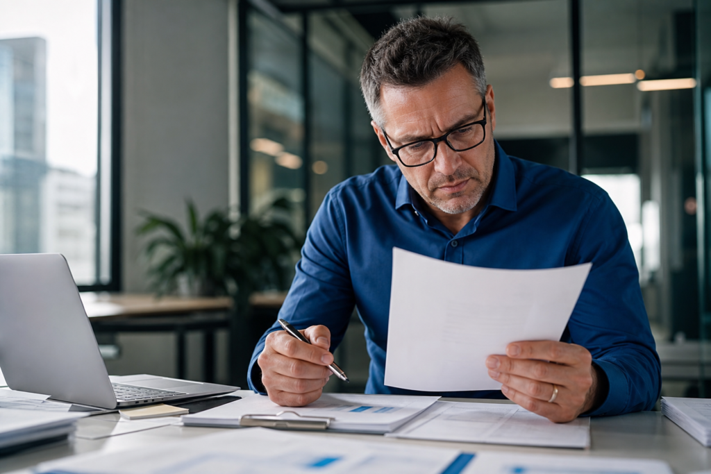 Um trabalhador em um escritório analisando documentos para calcular indenização acidente trabalho