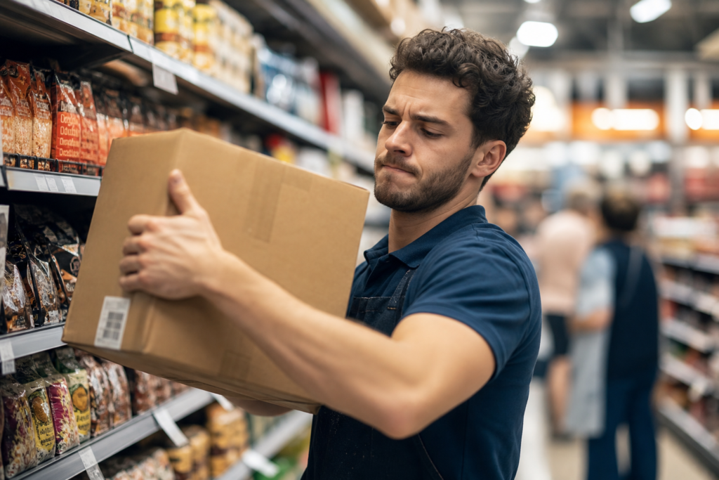 Funcionário de supermercado organizando prateleiras com carga, doenças ocupacionais