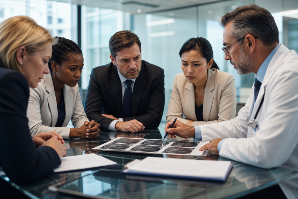 Imagem de uma reunião de trabalhadores com documentos e um médico mostrando exames. Empresa nega doença ocupacional.