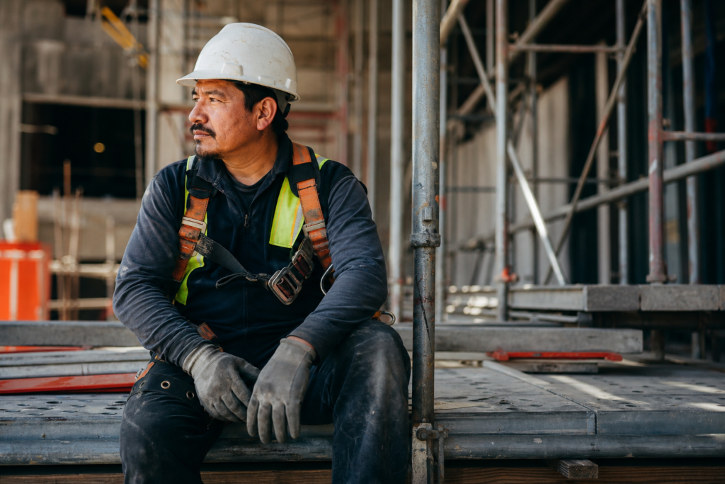 Operário utilizando equipamentos de proteção individual em obra, simbolizando segurança.