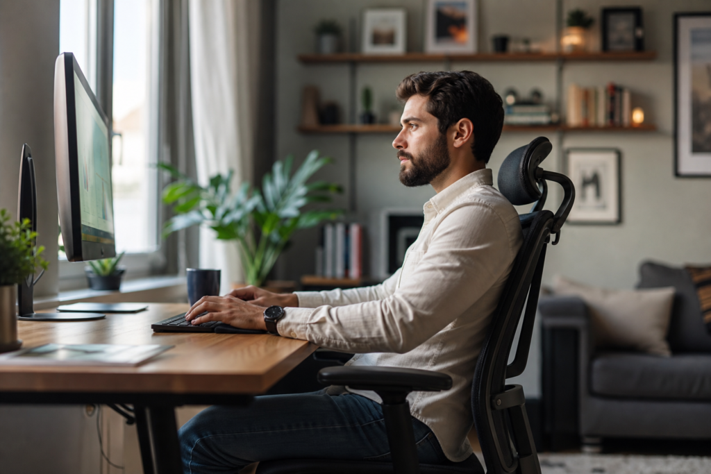 Ambiente de home office com cadeira ergonômica e monitor ao nível dos olhos, exemplificando ergonomia correta.