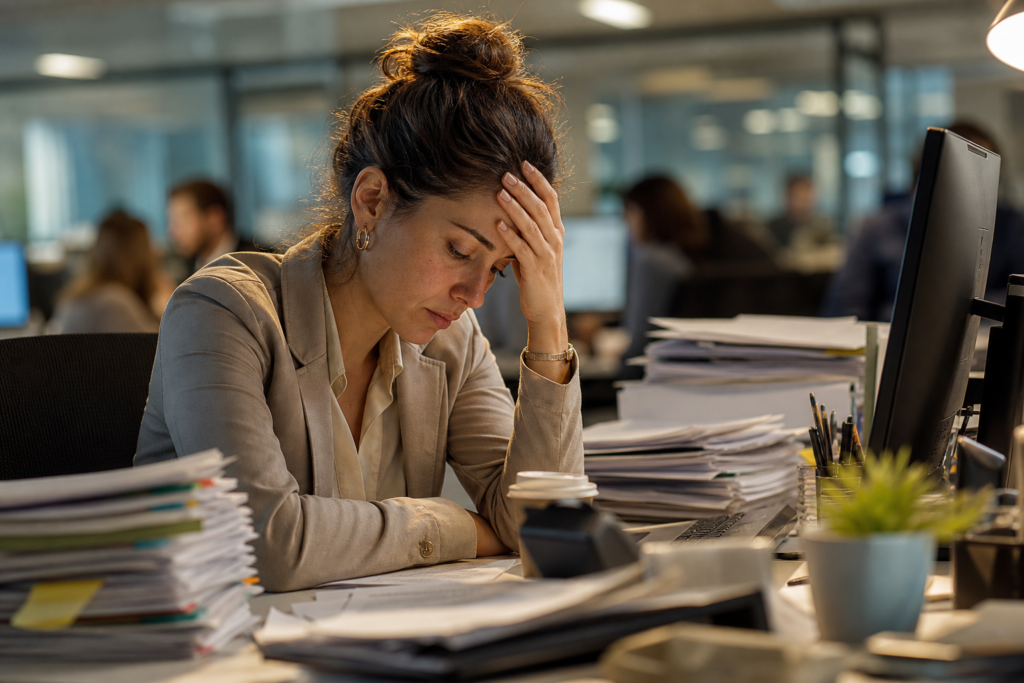 Empregados em um escritório com sobrecarga de trabalho e expressões de estresse e fadiga, destacando o tema metas abusivas e doença ocupacional