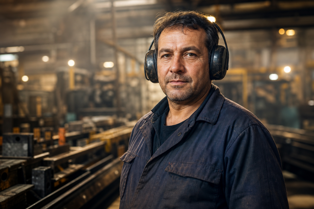 Trabalhador usando protetores auriculares em ambiente industrial, simbolizando proteção auditiva e surdez ocupacional