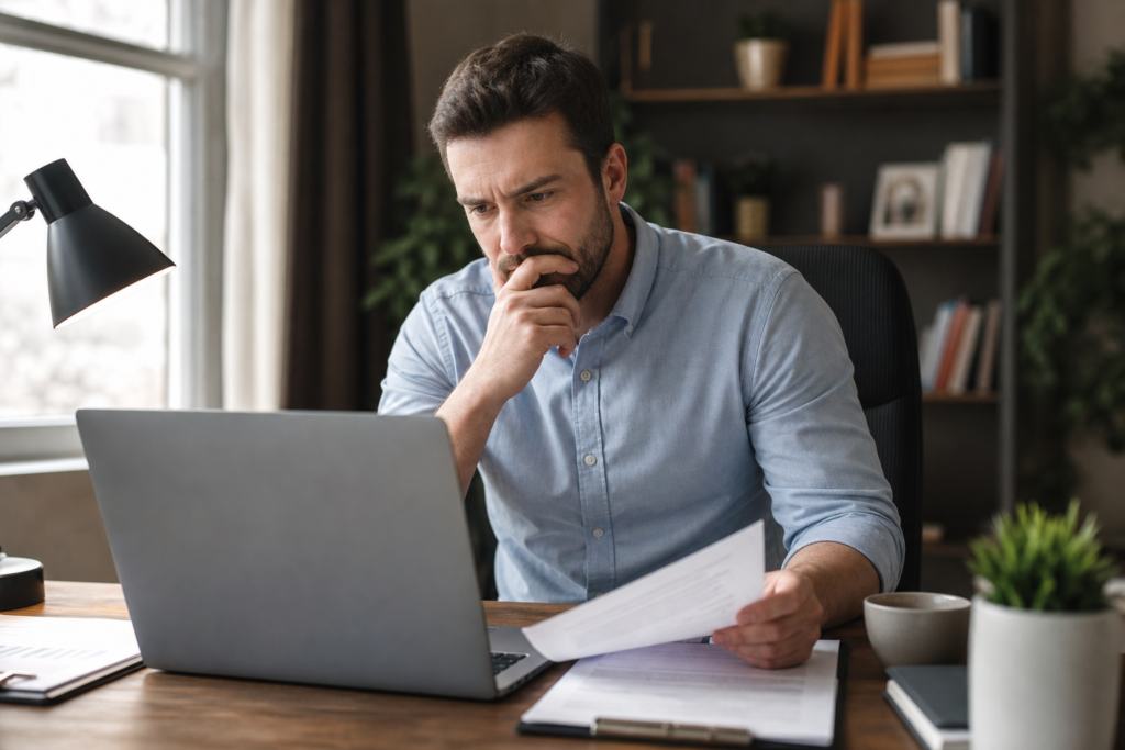 Trabalhador em home office com computador e documentação sobre direitos trabalhistas em caso de acidente