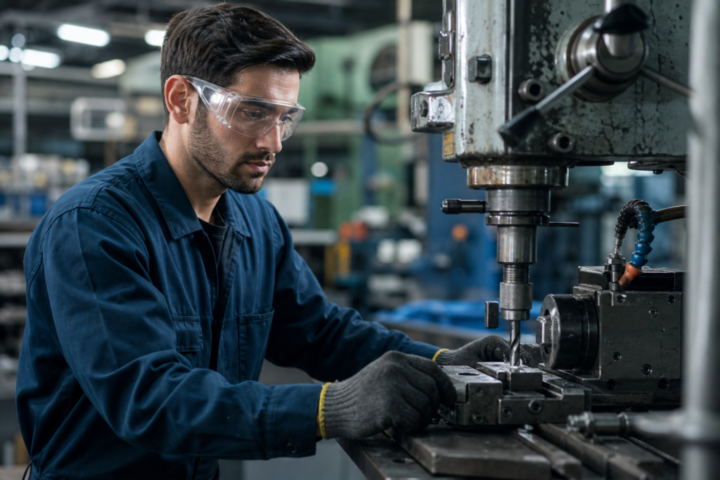 Trabalhador operando uma máquina industrial com segurança