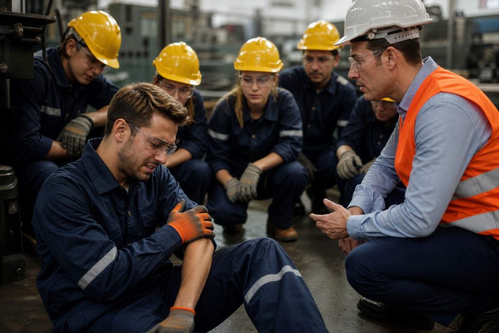 Imagem de trabalhadores participando de treinamento com supervisão e equipamentos de proteção