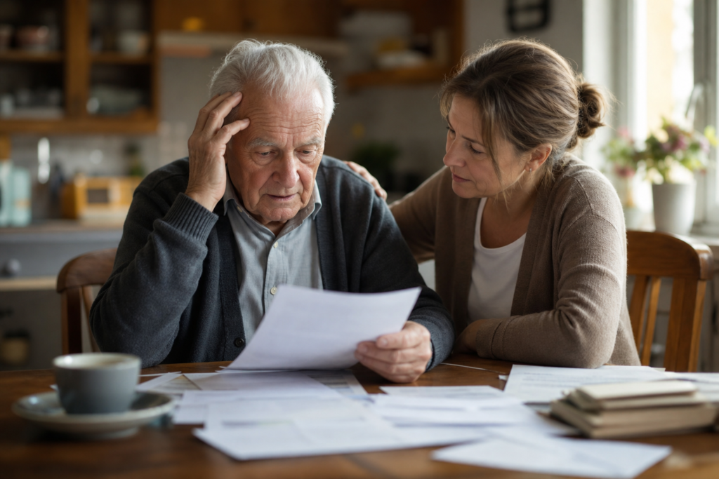 Representação de um idoso com Alzheimer e documentos de solicitação de benefício adicional