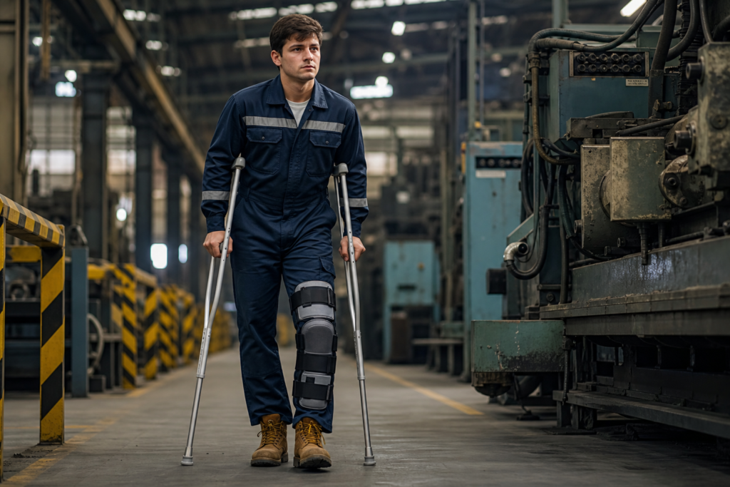 Imagem ilustrando um trabalhador com joelho imobilizado representando rompimento de ligamento no trabalho