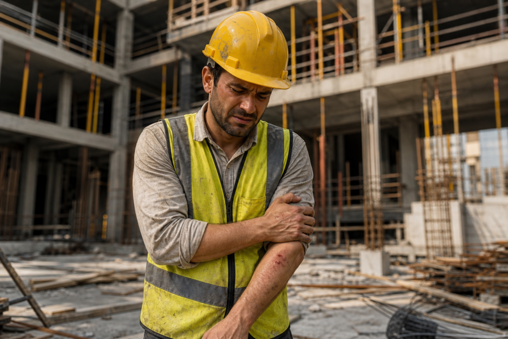 Um trabalhador terceirizado em ambiente de construção com equipamentos de segurança