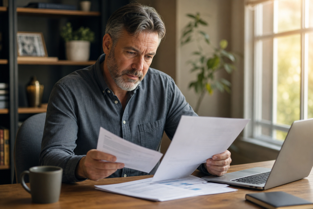 Homem analisando documentos de aposentadoria e benefício auxílio-acidente
