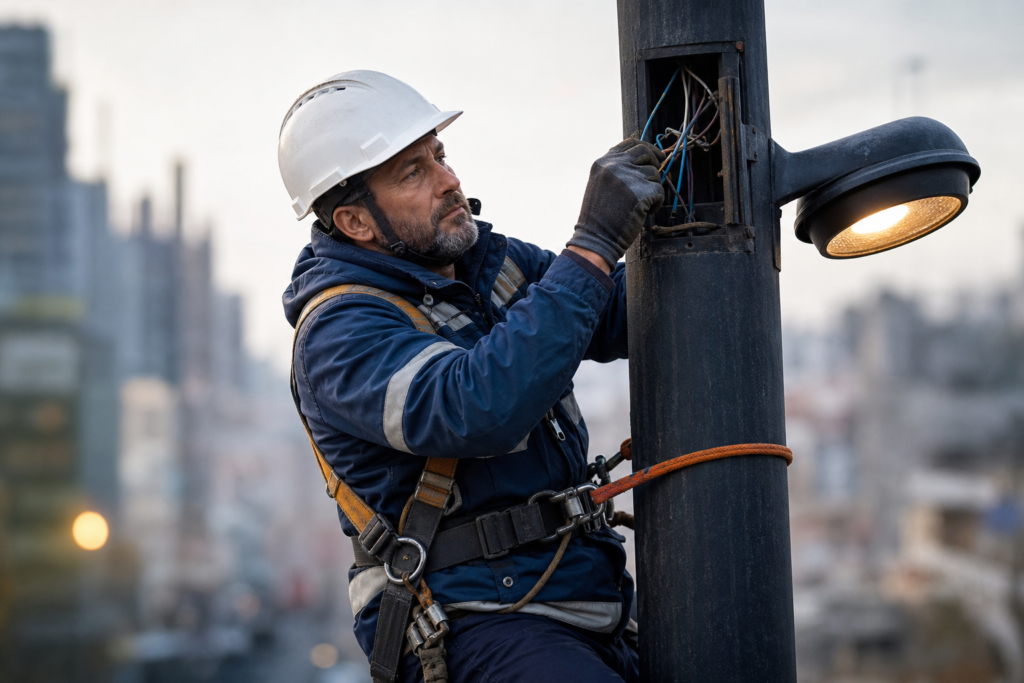 Eletricista ajustando fiação em poste de luz com equipamentos de segurança. auxílio-acidente eletricista