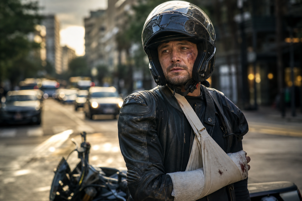 Motociclista em trânsito urbano, símbolo do auxílio-acidente ao fundo