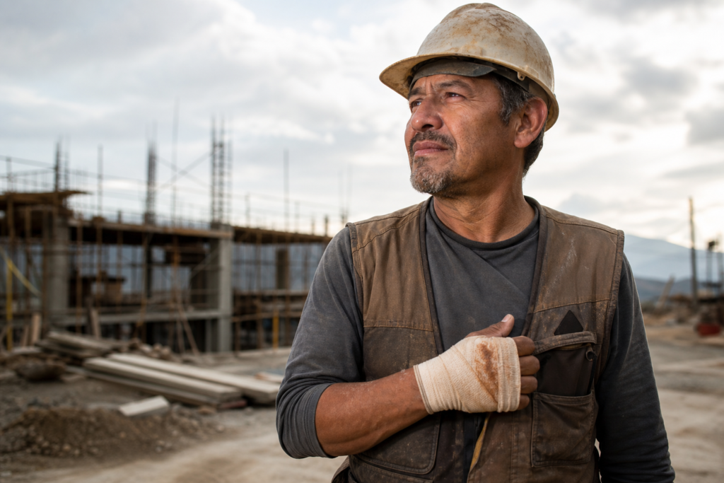 Pedreiro com capacete de segurança na obra, representando auxílio-acidente