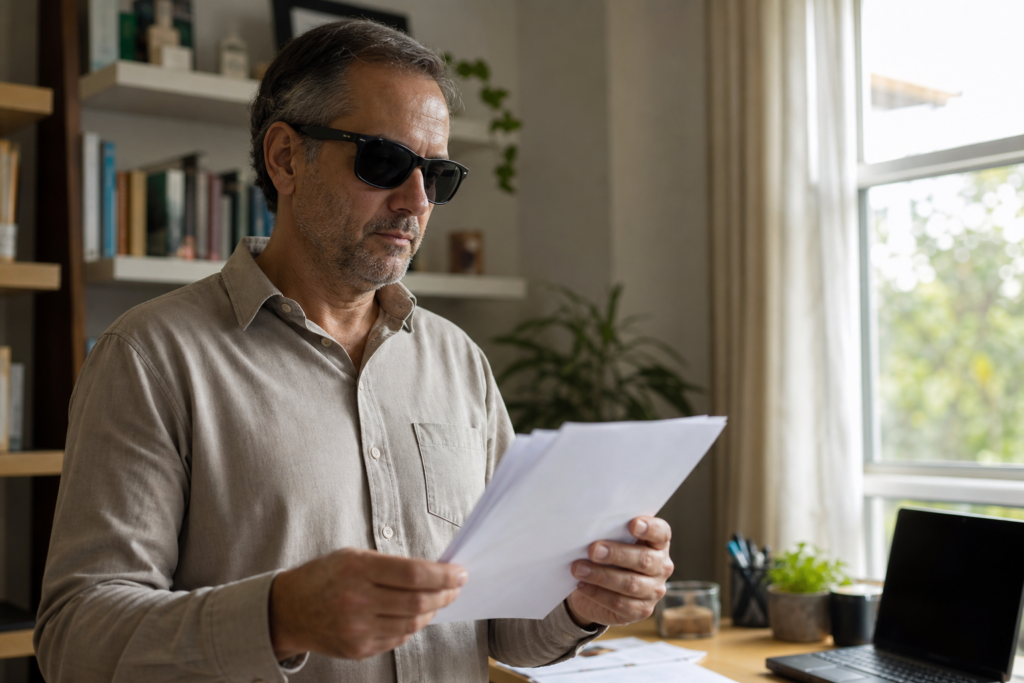 Homem com deficiência visual usando óculos escuros junto a documentos do INSS sobre auxílio-acidente