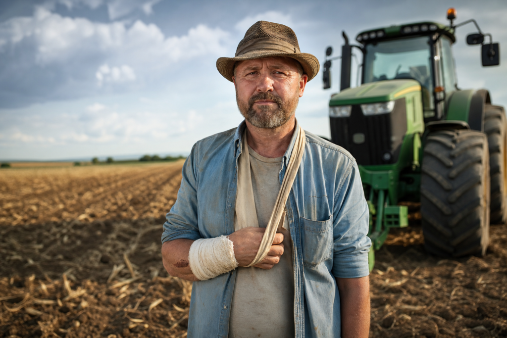 Trabalhador rural em campo com maquinário agrícola, discutindo auxílio-acidente