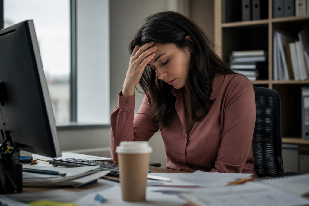 Trabalhador exausto em frente ao computador com evidência de burnout