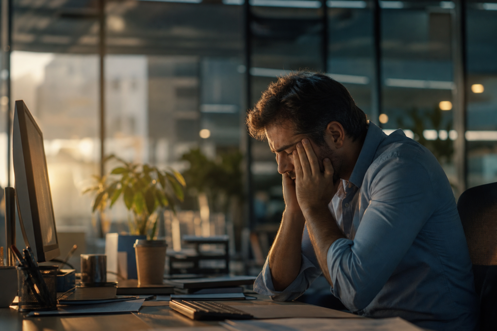 Pessoa em ambiente de trabalho com expressão de preocupação, simbolizando depressão trabalho direitos