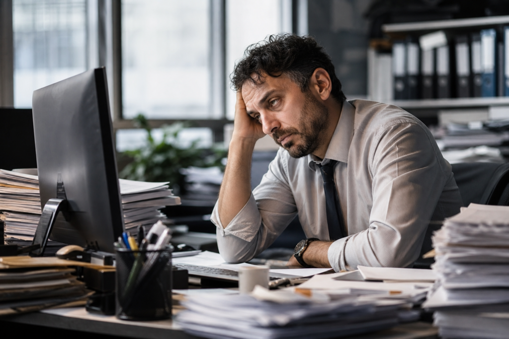 Trabalhador exausto em sua mesa de trabalho sem pausas, ilustrando consequências da falta de intervalos