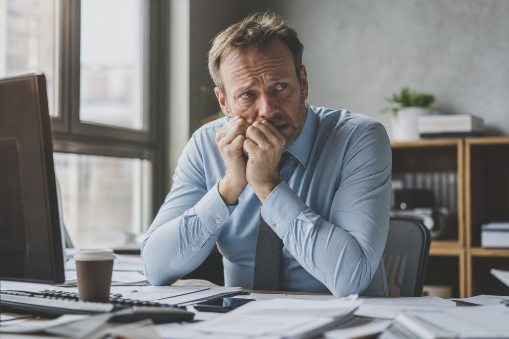 Trabalhador em um escritório, aparentando ansiedade, síndrome pânico trabalho