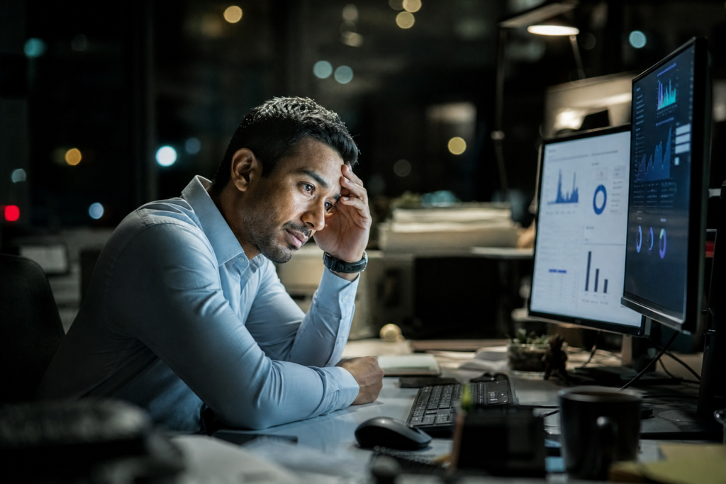 Trabalhador noturno em um escritório com luzes artificiais, simbolizando risco de doença ocupacional