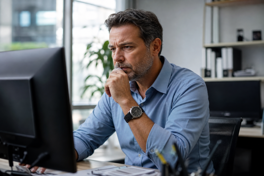 Empresário conferindo FGTS da empresa usando computador, representando FGTS Digital