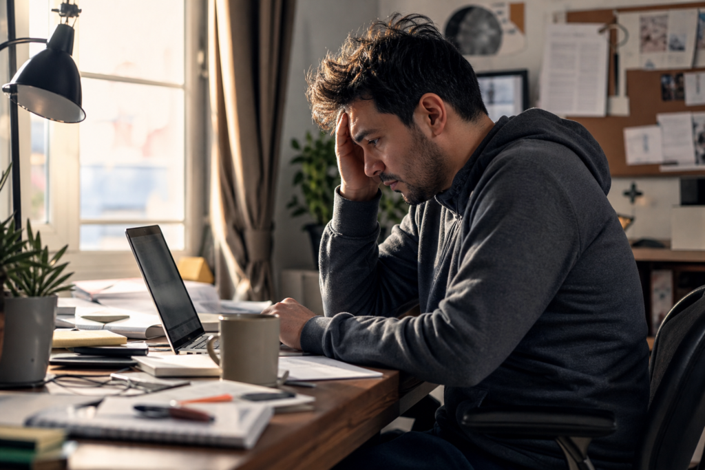 Freelancer trabalhando em casa com laptop, conceito de vínculo empregatício