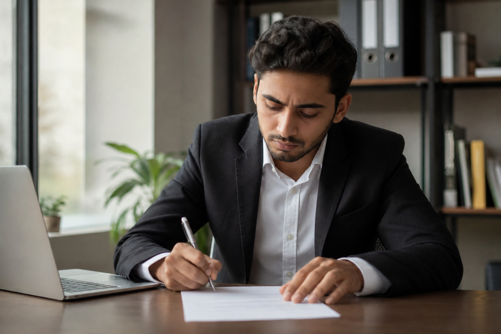 Pessoa assinando pedido de demissão com ênfase nos direitos trabalhistas
