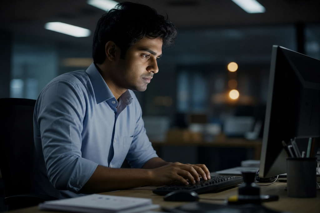 Pessoa trabalhando em um escritório escuro, teclado iluminado, simbolizando trabalho após horas